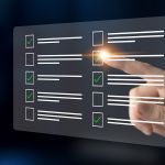 Futuristic Hand Interaction with Transparent Touchscreen Display Featuring Digital Checklists and Task Management Elements