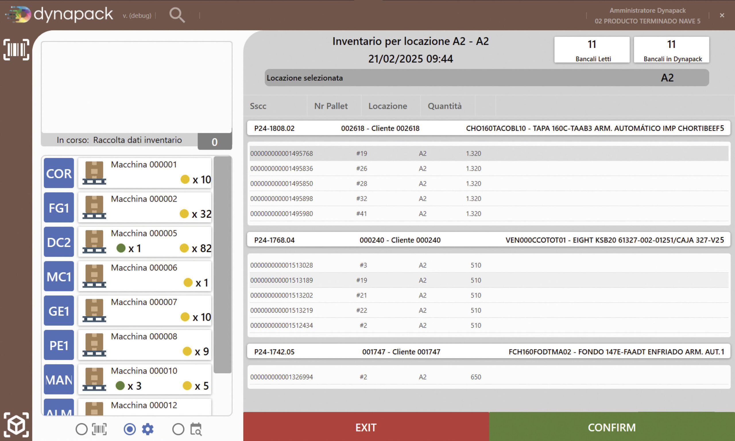 Dynapack schermata wms prodotto finito raccolta dati per inventario