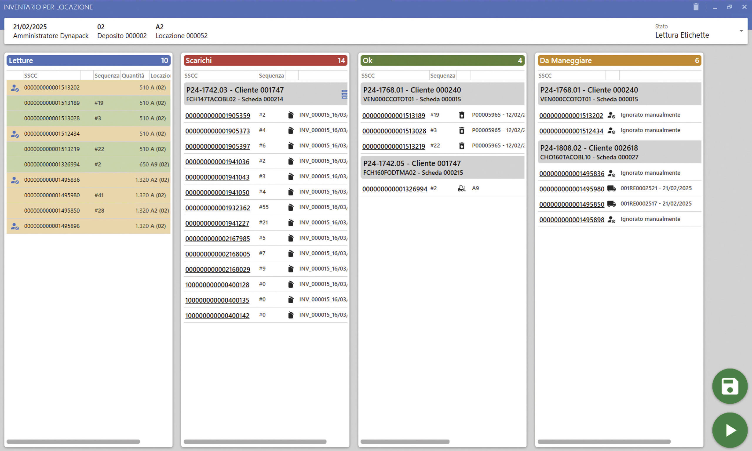 Dynapack schermata wms prodotto finito inventario